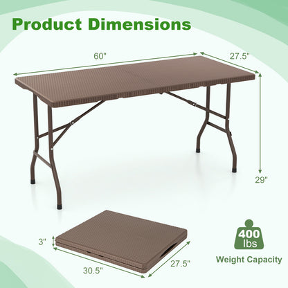 5FT Folding Picnic Table with Rattan Grain HDPE Tabletop and Sturdy Metal Fame-Coffee