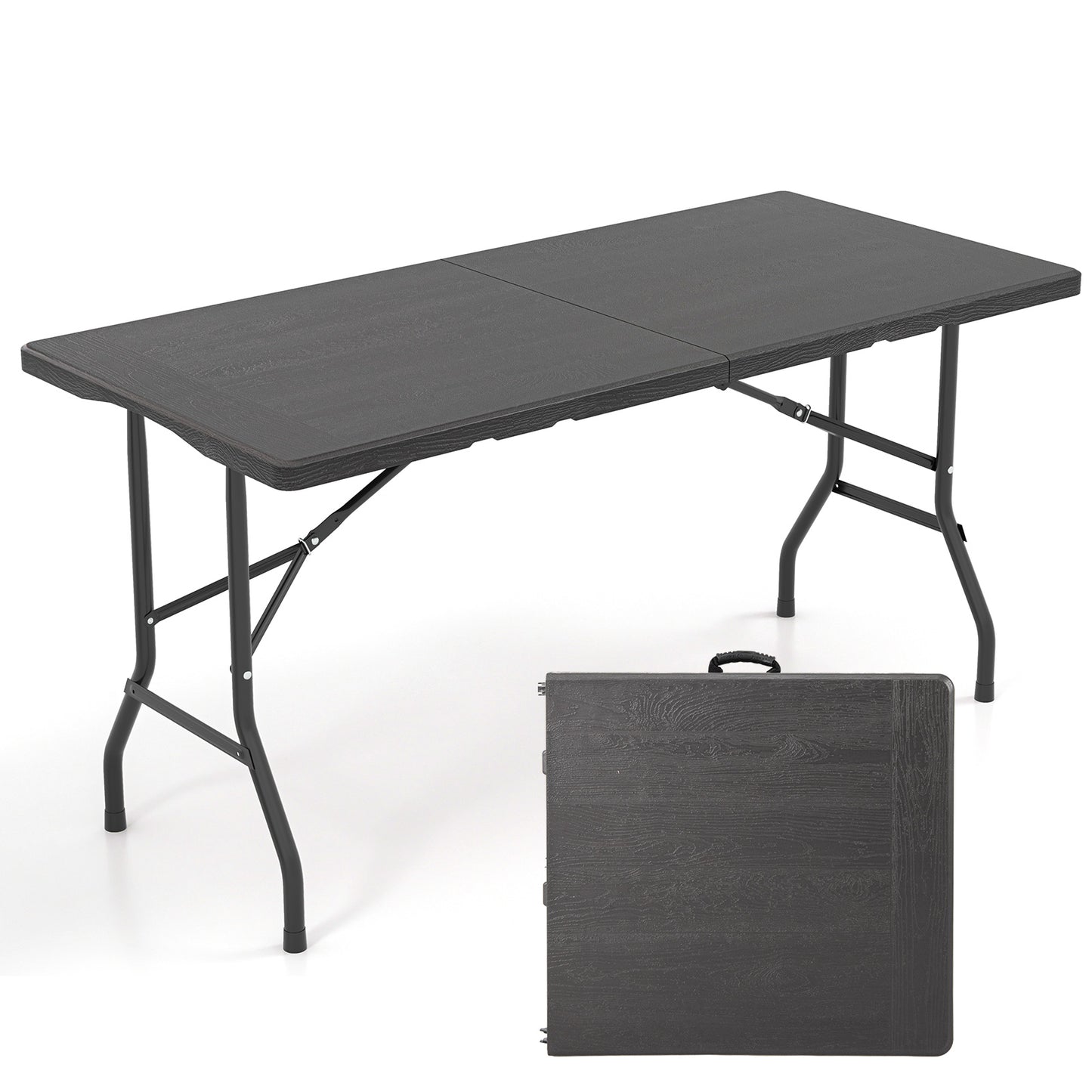 5FT Folding Picnic Table with Wood Grain HDPE Tabletop and Non-slip Foot Pads