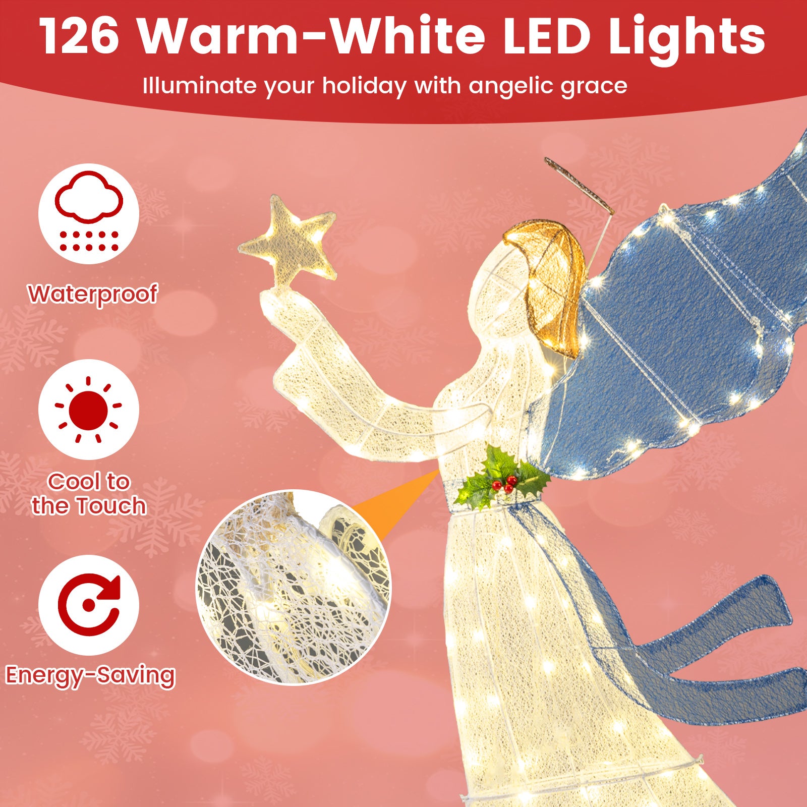5 Feet Lighted Angel Christmas Decoration with Wings and Warm LED Lights