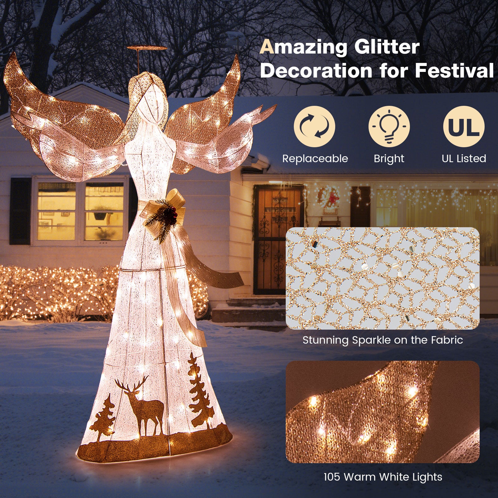 5 Feet Pre-lit 3D Glittered Christmas Angel with 100 Warm White Lights