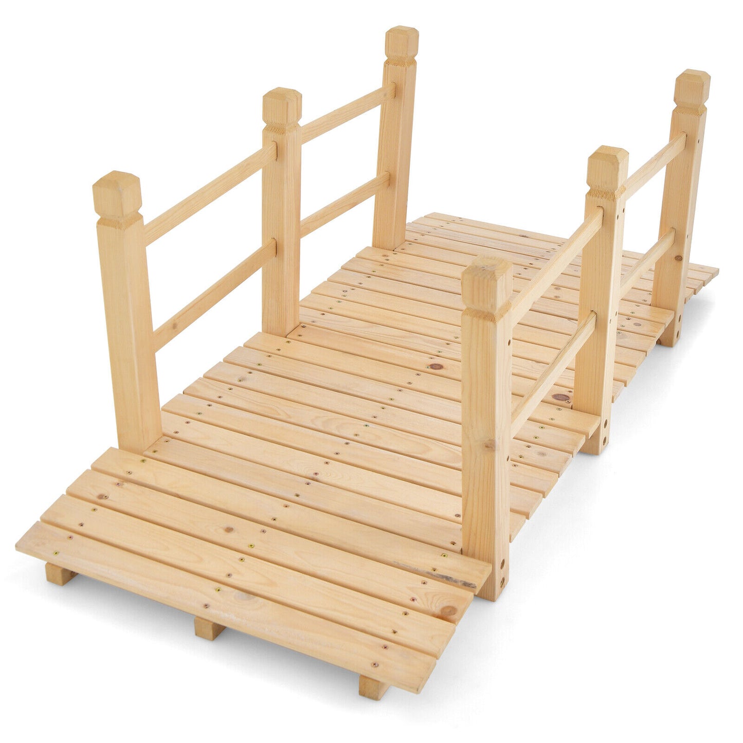 5 Feet Wooden Garden Bridge with Safety Rails-Brown - Natural