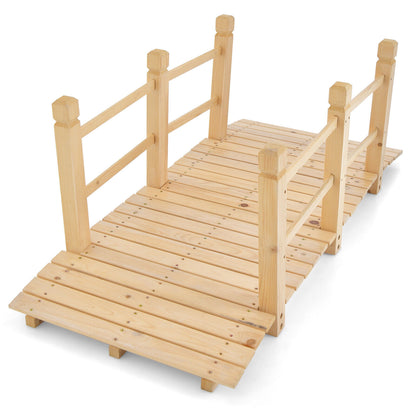 5 Feet Wooden Garden Bridge with Safety Rails-Brown - Natural