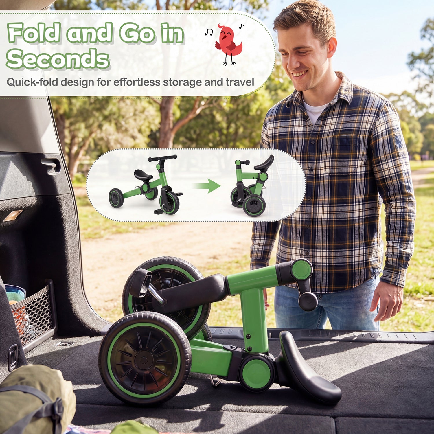 5-In-1 Toddler Bike Kids Balance Bike with Removable Pedals-Green