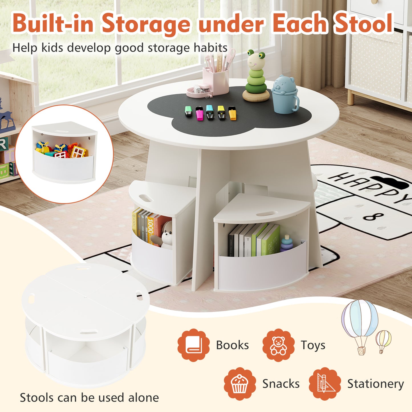 5 PCS Kids Table and Chair Set with Storage Stools for Activity-White