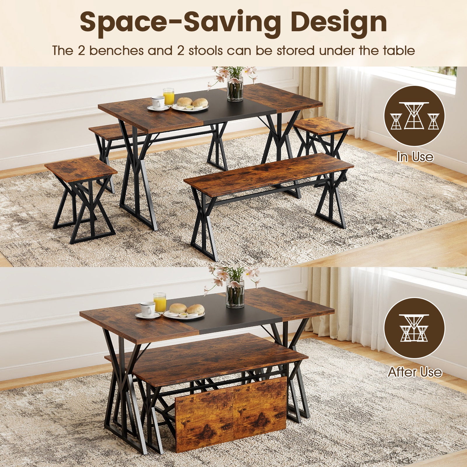 5-Piece Dining Room Set Industrial Rectangular Kitchen Table with 2 Benches and 2 Stools-Rustic Brown