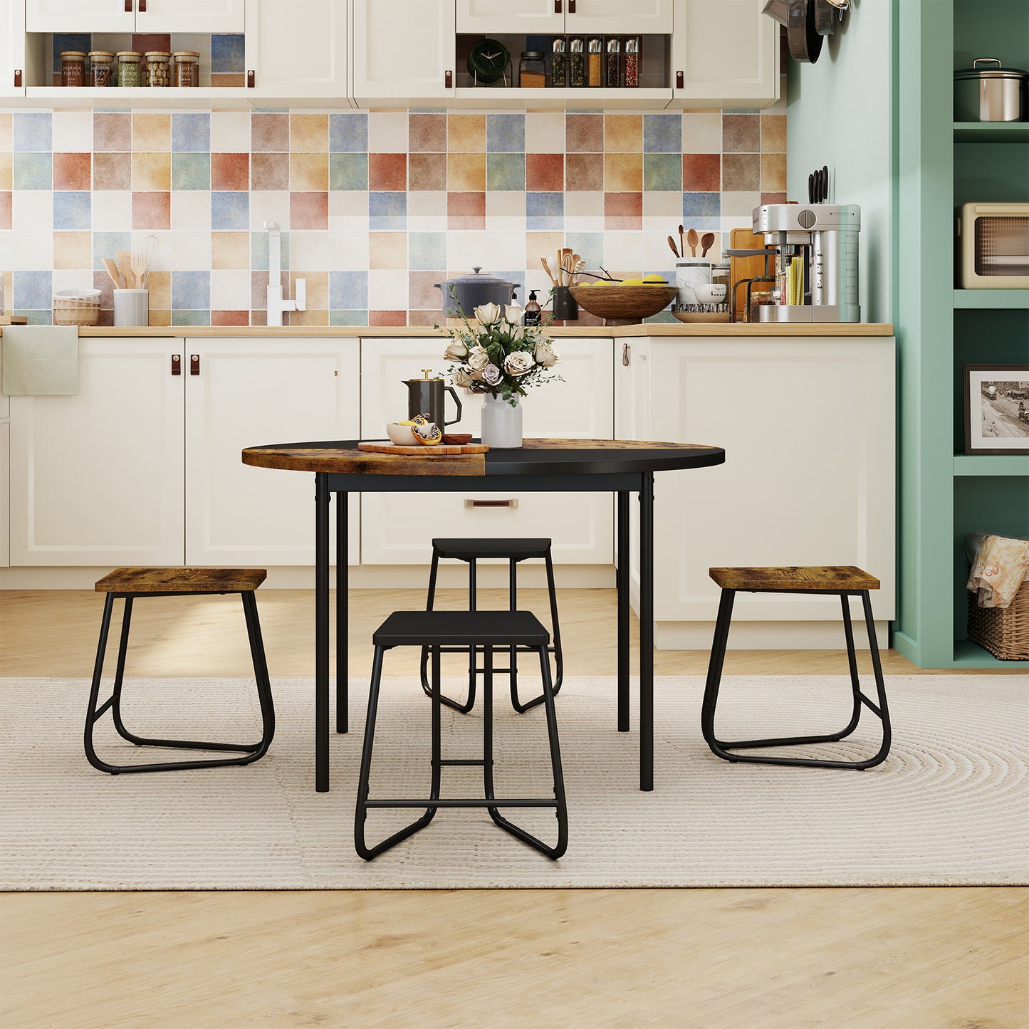 5-Piece Dining Set for 4 47 Inch Round Kitchen Table and 4 Stools-Brown