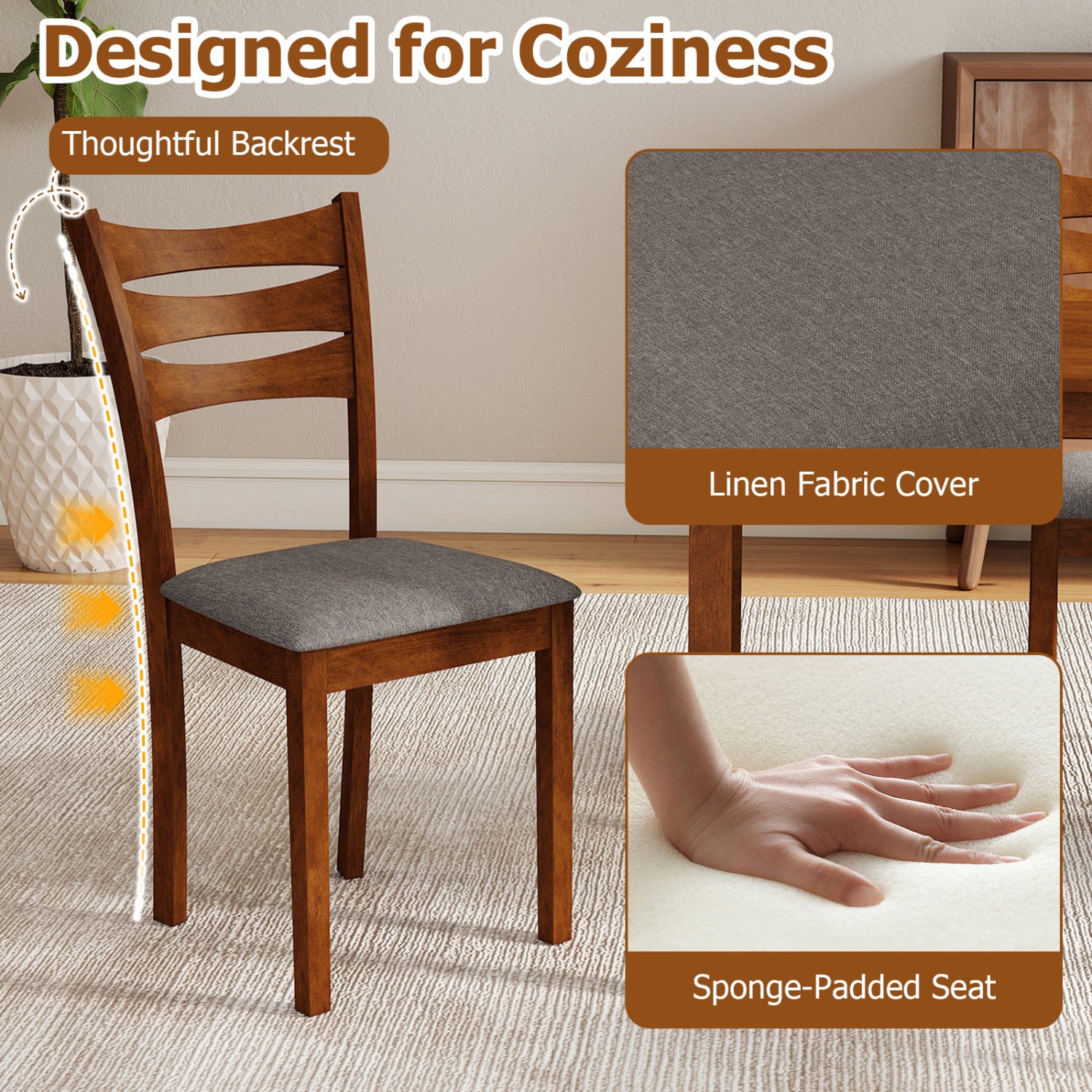 5-Piece Dining Table Set with Linen Fabric Upholstered Chairs and Solid Rubber Wood Frame for 4 People