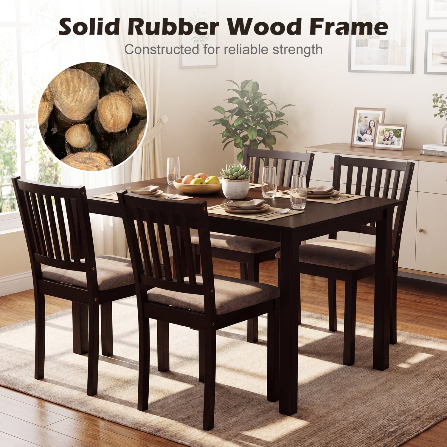 5-Piece Dining Table Set for 4 Rectangular Kitchen Table with 4 Upholstered Chairs