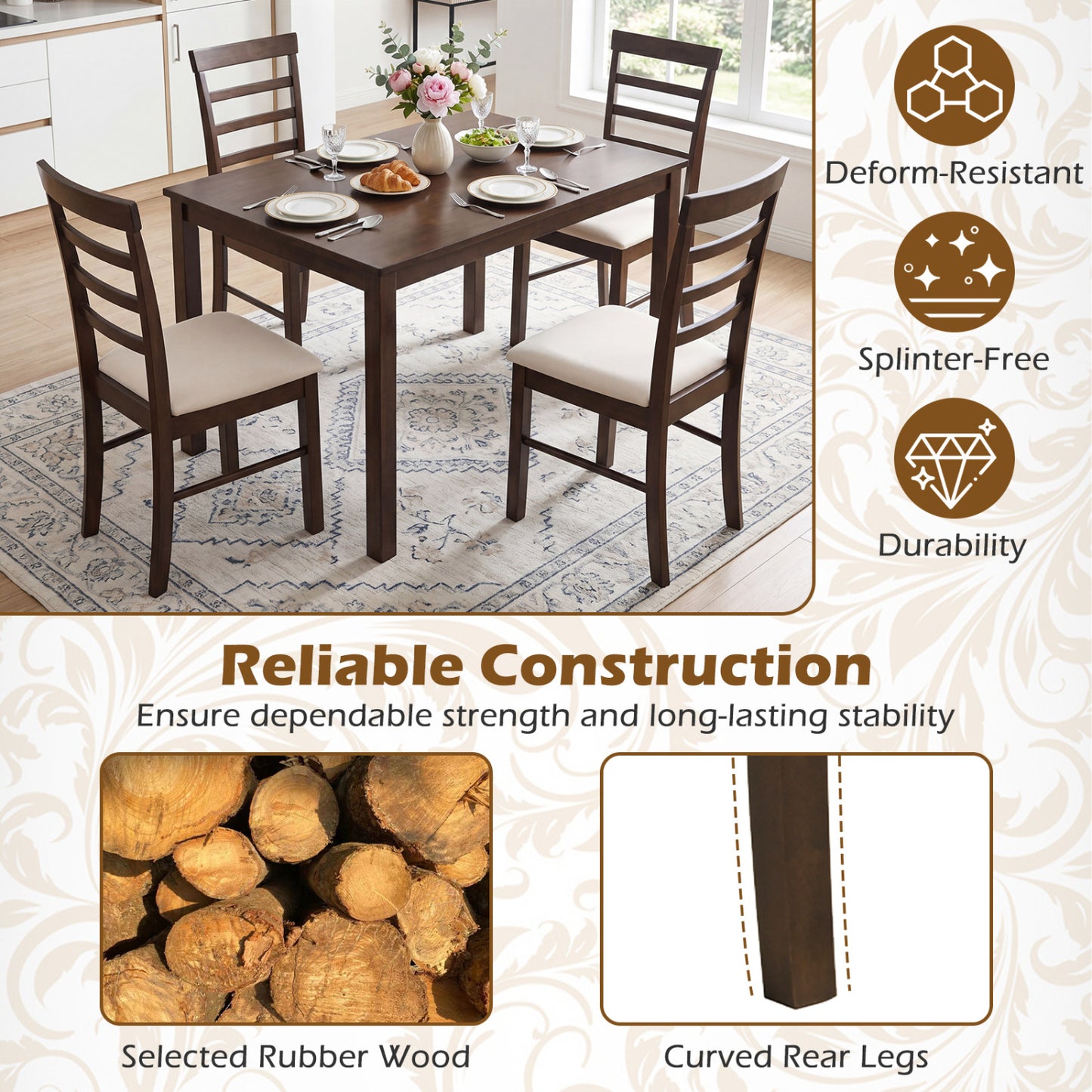 5-Piece Dining Table Set for 4 with Upholstered Chairs