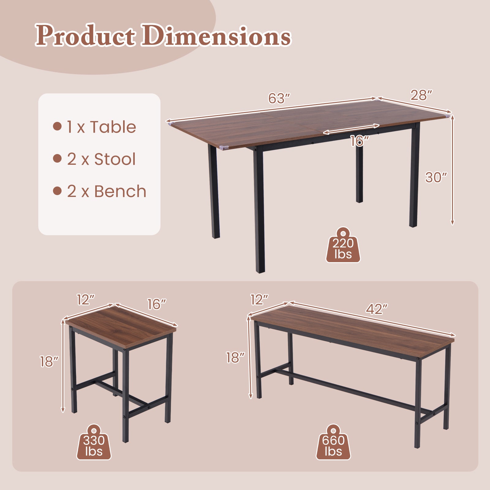 5 Piece Dining Table Set for 4-6 with 2 Benches & 2 Stools for Kitchen Dining Room-Walnut - Walnut