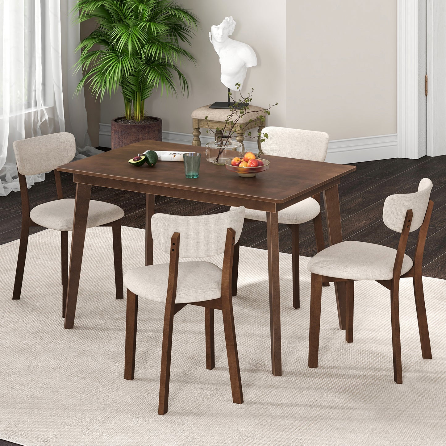 5-Piece Dining Table Set for 4 with Rubber Wood Frame and Padded Set-Brown