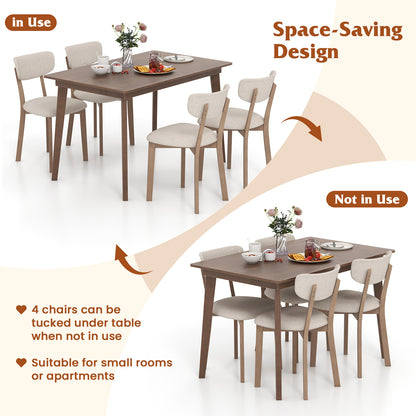 5-Piece Dining Table Set for 4 with Rubber Wood Frame and Padded Set-Brown