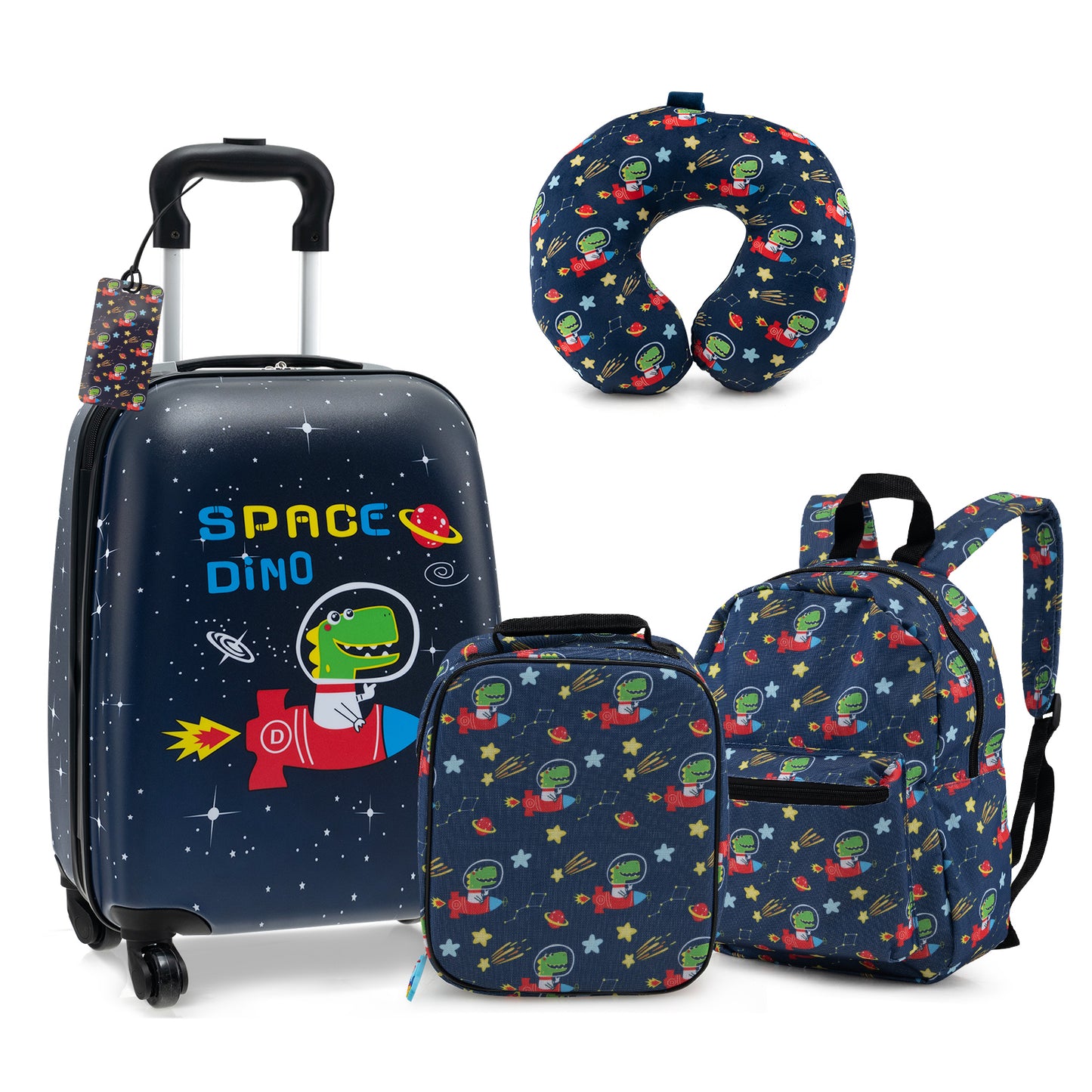 5 Piece Kids Luggage Set with Backpack Neck Pillow Name Tag Lunch Bag