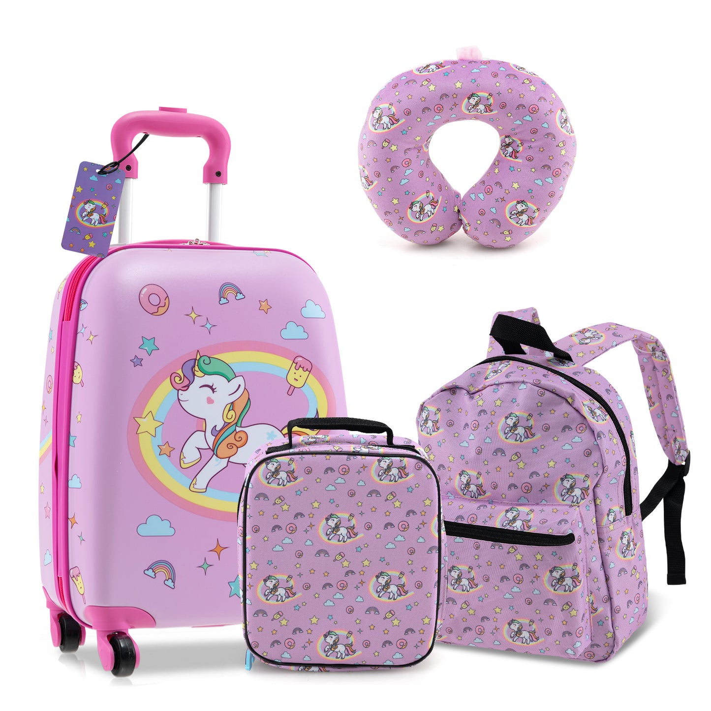 5 Piece Kids Luggage Set with Backpack Neck Pillow Name Tag Lunch Bag-Dark Blue - Hot Pink