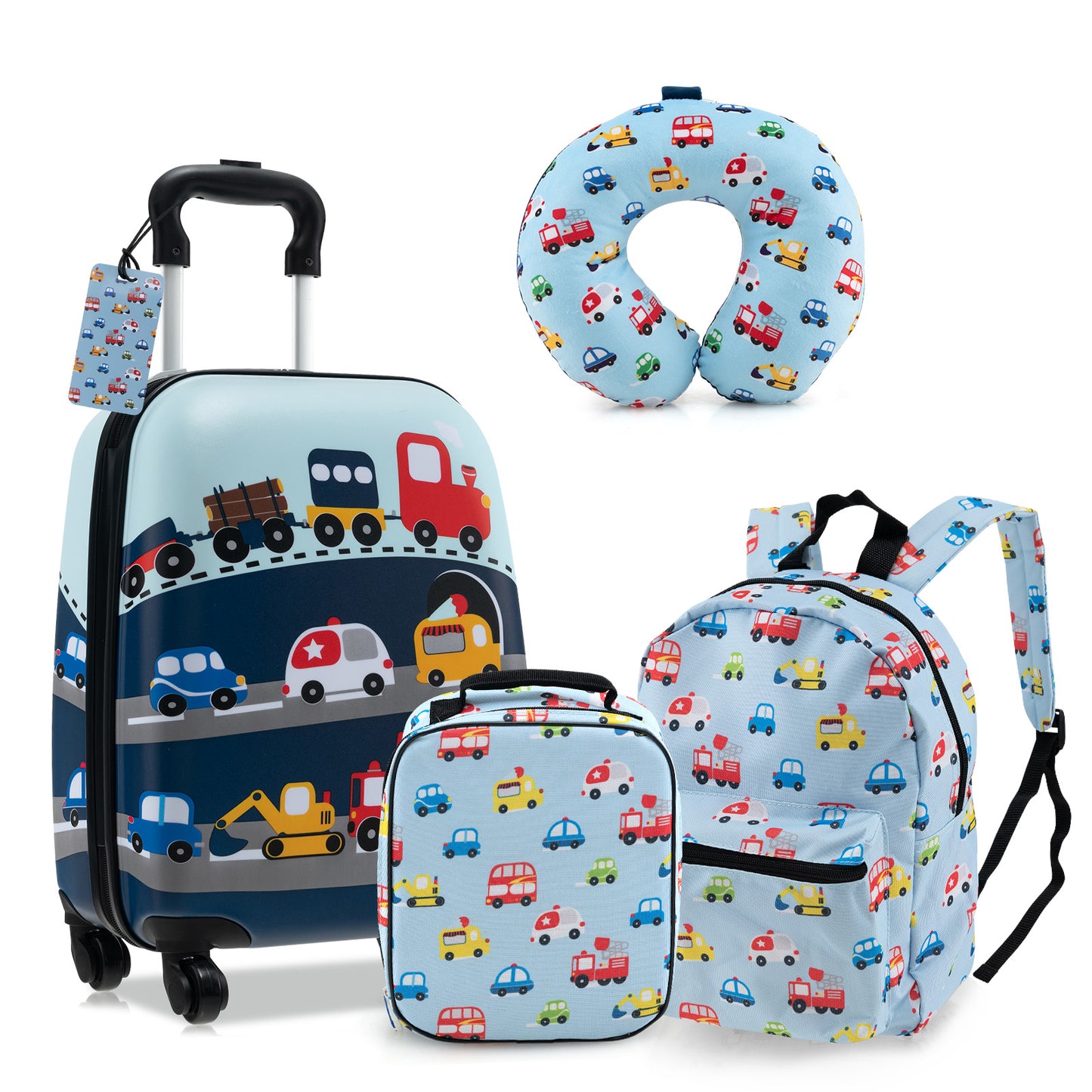 5 Piece Kids Luggage Set with Backpack Neck Pillow Name Tag Lunch Bag-Dark Blue - Blue