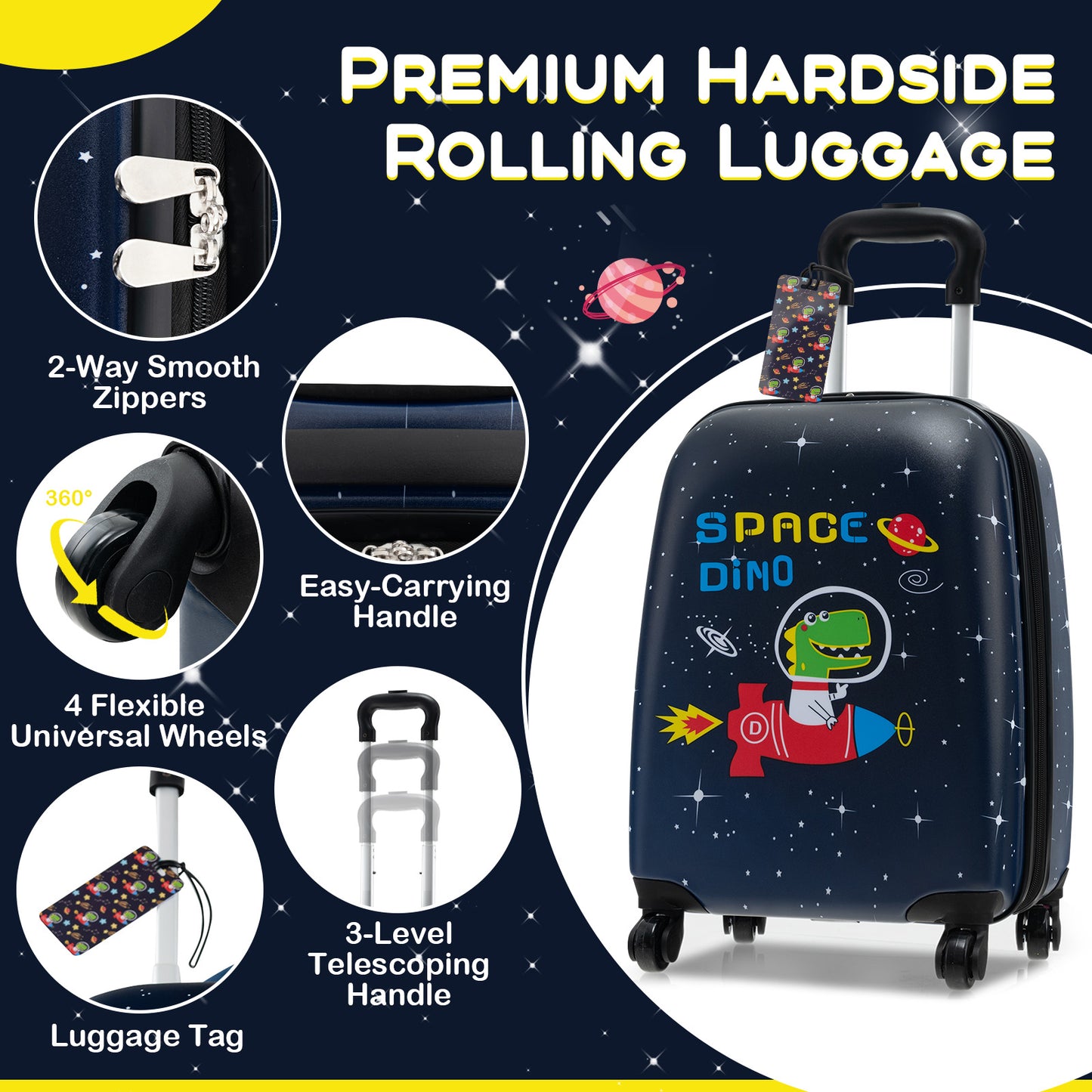 5 Piece Kids Luggage Set with Backpack Neck Pillow Name Tag Lunch Bag