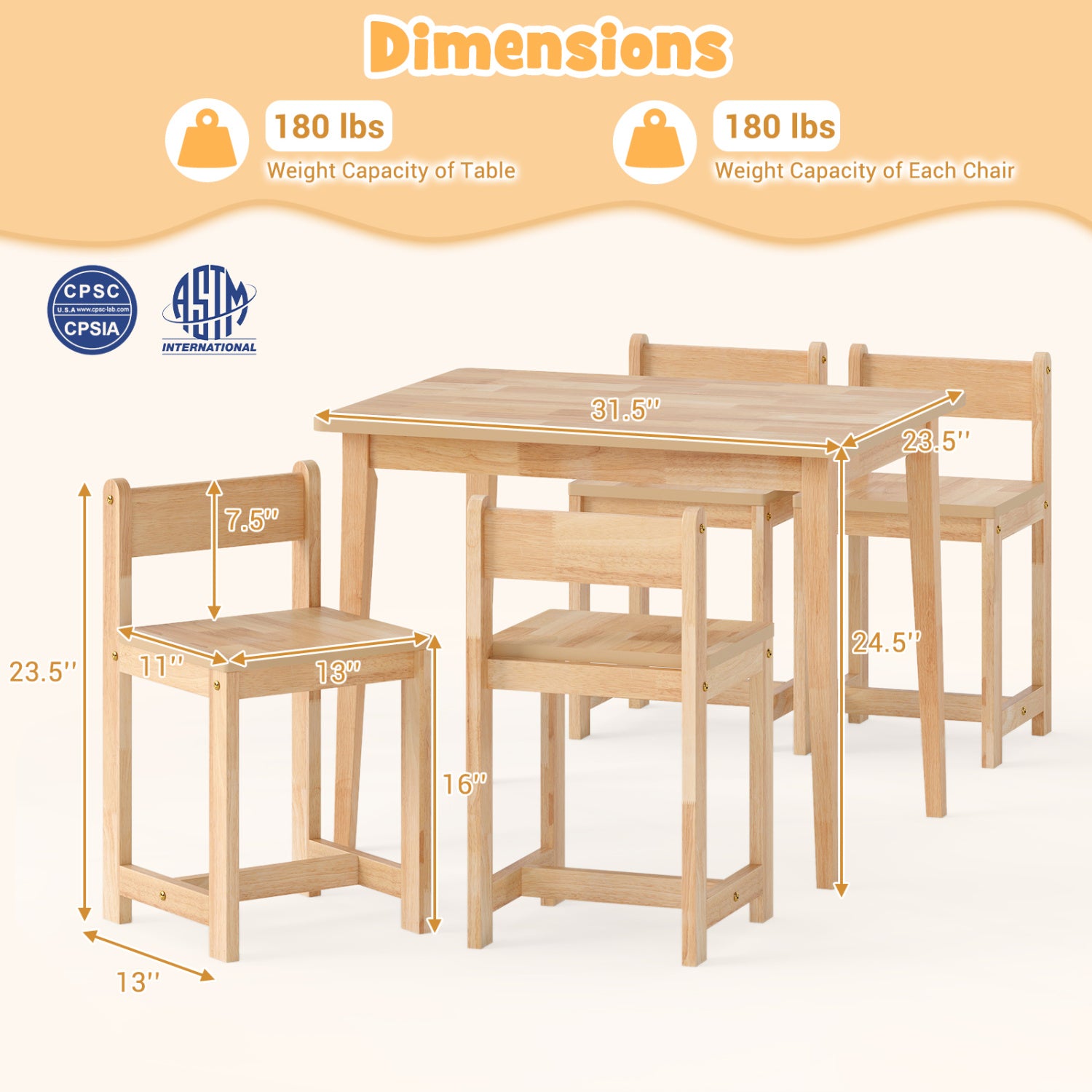5-Piece Kids Table and Chairs Set Solid Rubber Wood Toddler Activity Table-Natural