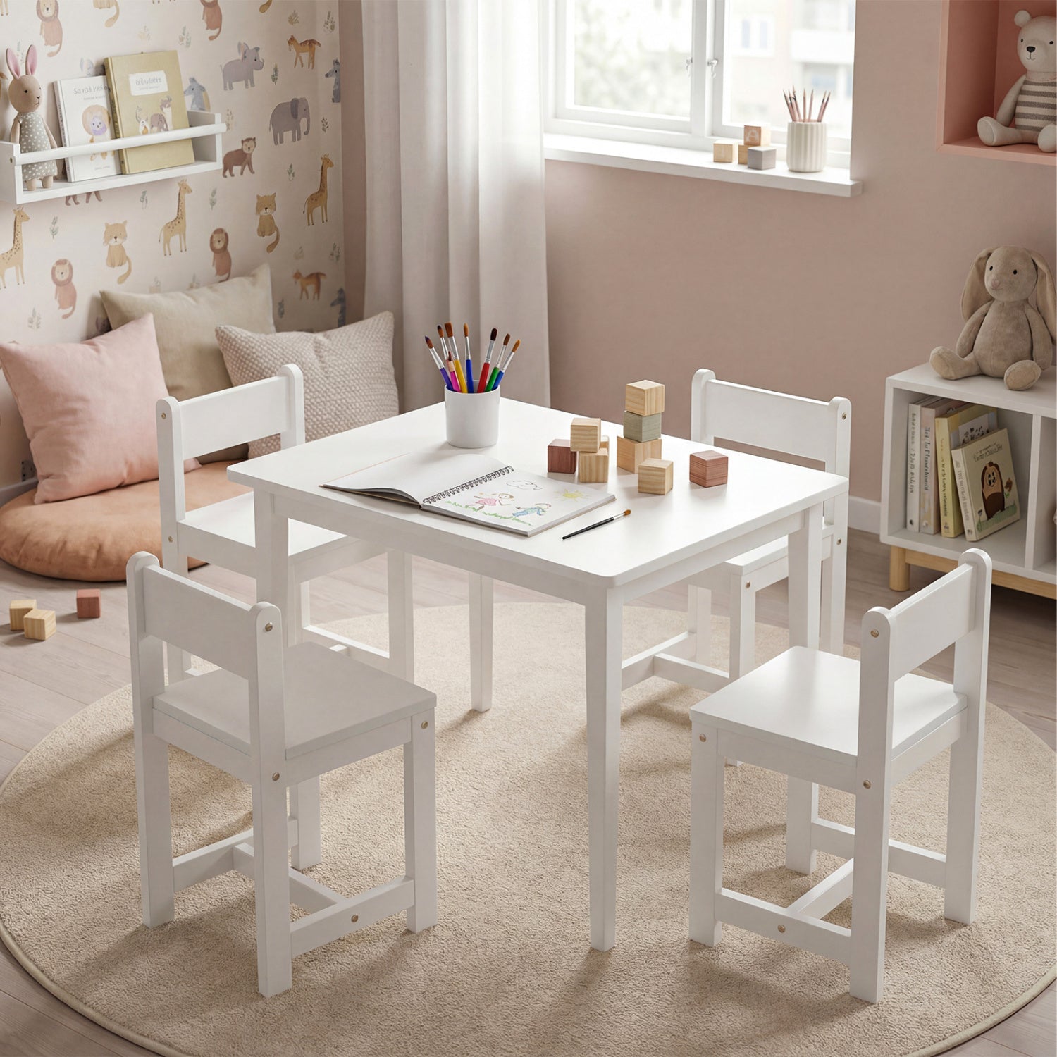 5-Piece Kids Table and Chairs Set Solid Rubber Wood Toddler Activity Table-White