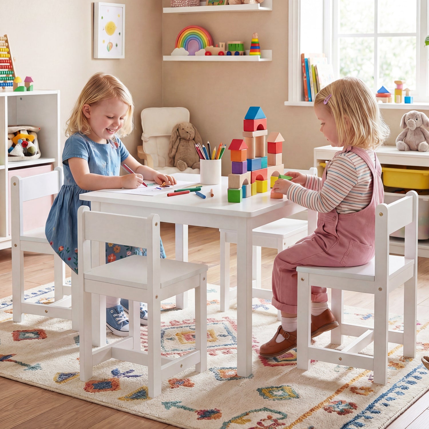 5-Piece Kids Table and Chairs Set Solid Rubber Wood Toddler Activity Table-White