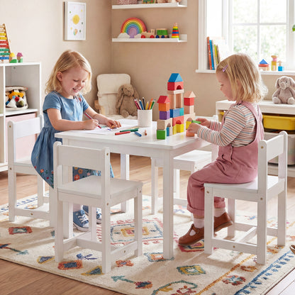5-Piece Kids Table and Chairs Set Solid Rubber Wood Toddler Activity Table-White