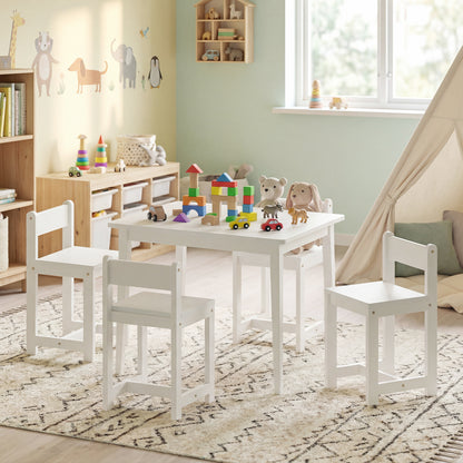 5-Piece Kids Table and Chairs Set Solid Rubber Wood Toddler Activity Table-White