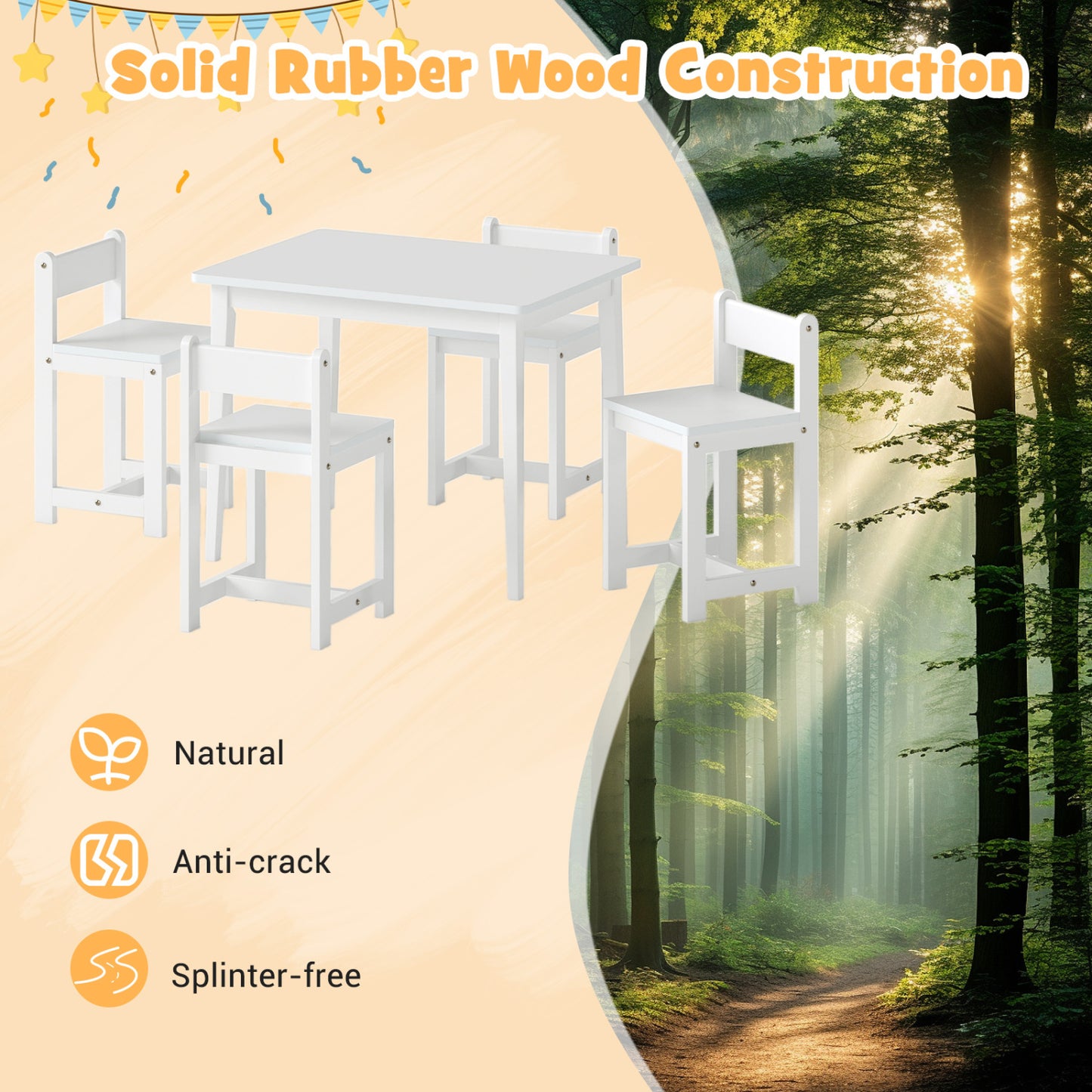 5-Piece Kids Table and Chairs Set Solid Rubber Wood Toddler Activity Table-White