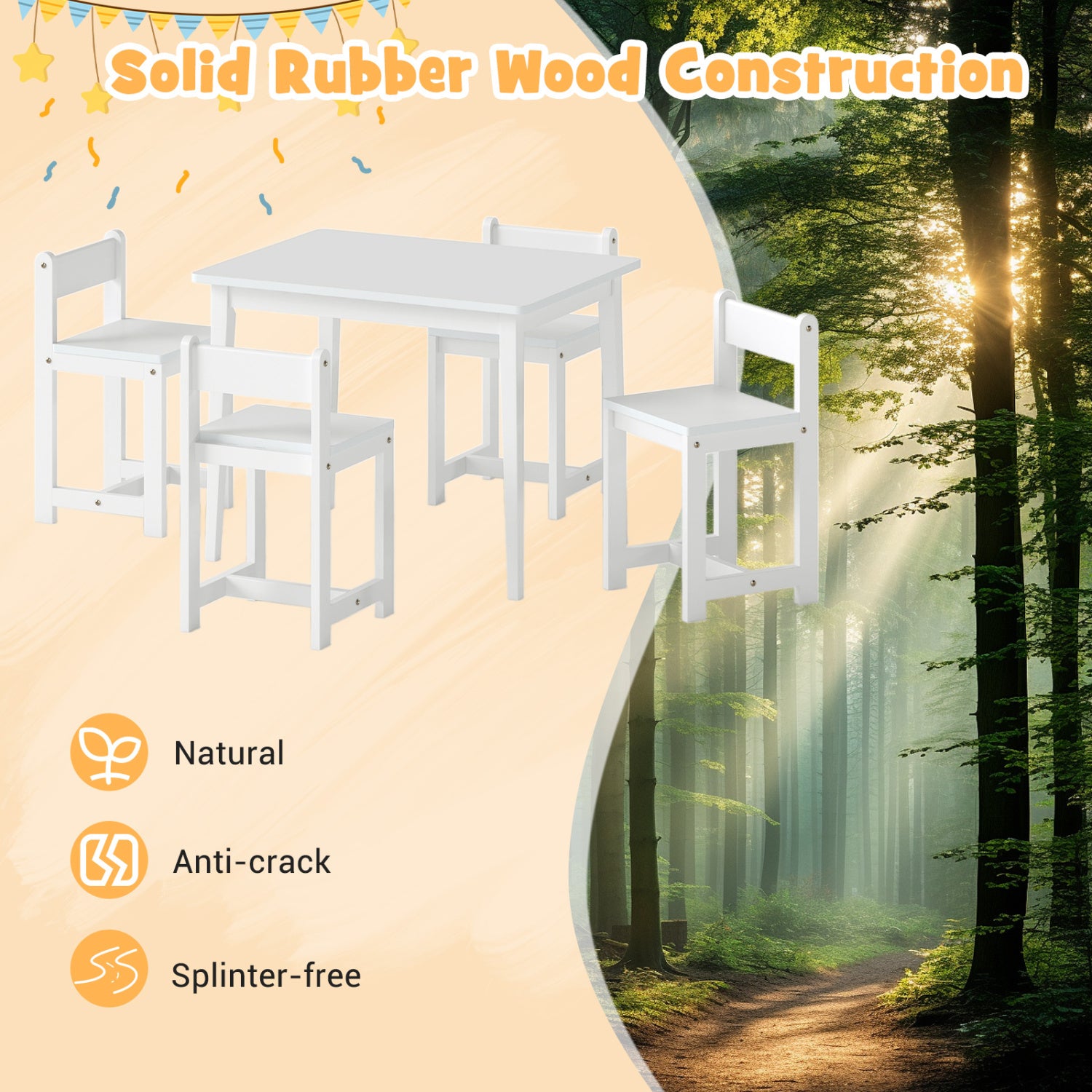 5-Piece Kids Table and Chairs Set Solid Rubber Wood Toddler Activity Table-White