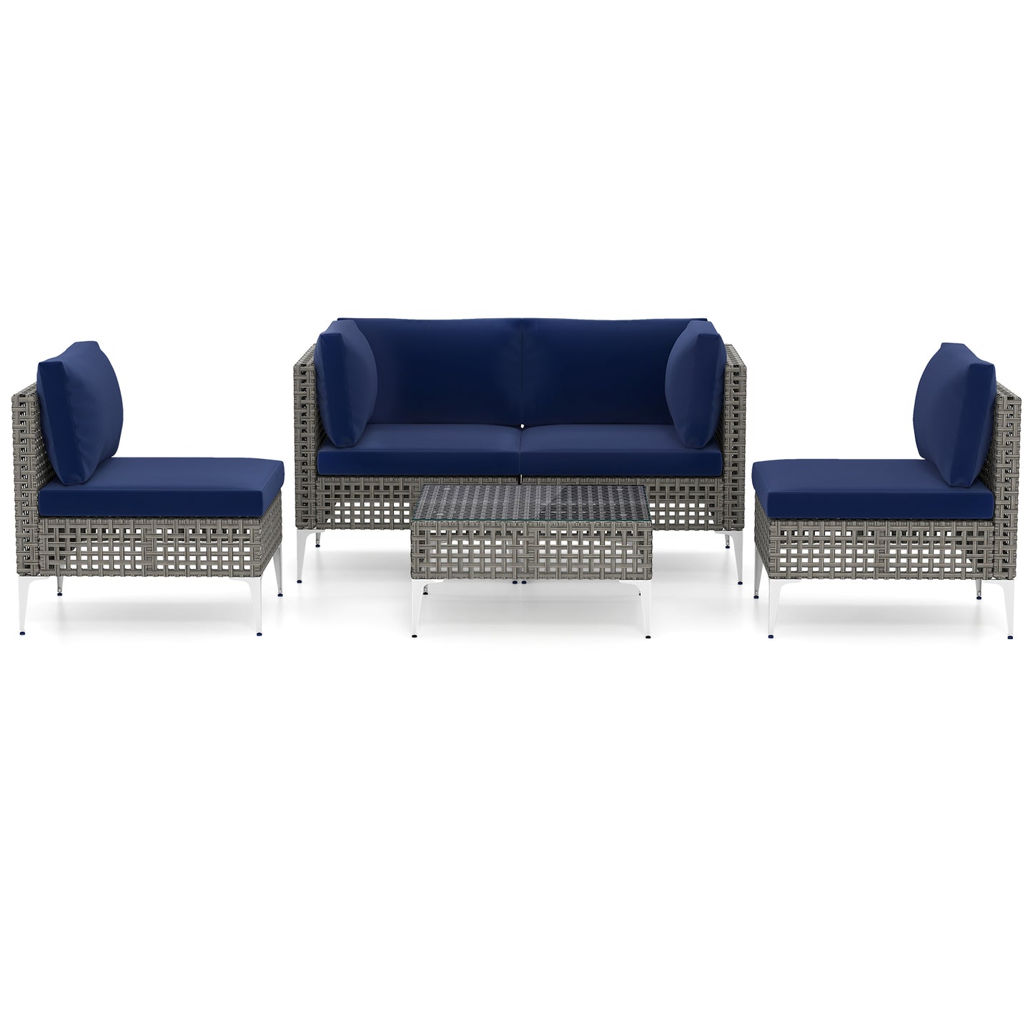 5 Piece Outdoor Furniture Set Patio Rattan Chairs with Tempered Glass Coffee Table-Navy