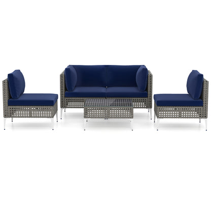 5 Piece Outdoor Furniture Set Patio Rattan Chairs with Tempered Glass Coffee Table-Navy