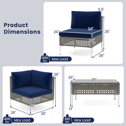 5 Piece Outdoor Furniture Set Patio Rattan Chairs with Tempered Glass Coffee Table-Navy