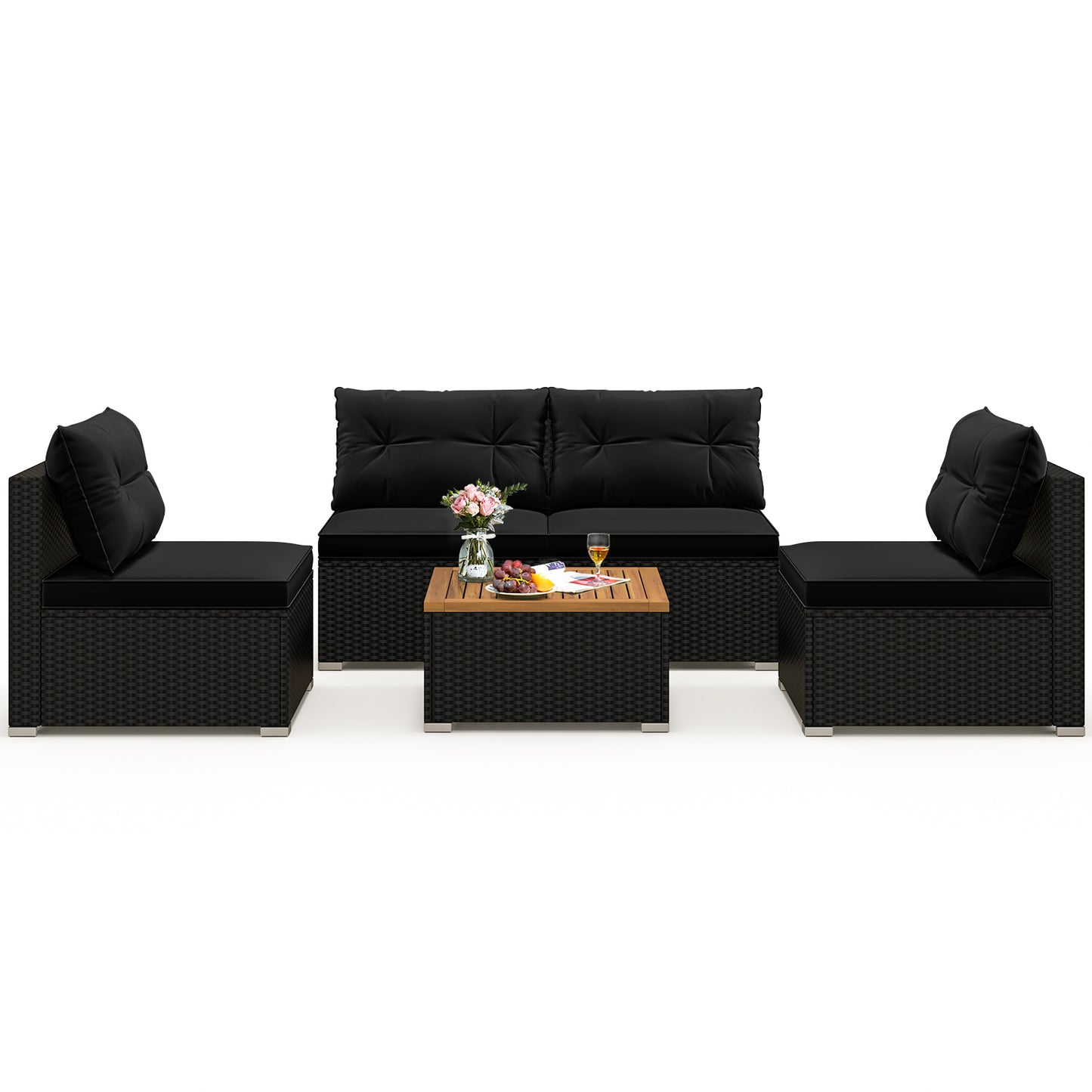 5 Piece Outdoor Furniture Set with Solid Tabletop and Soft Cushions-Off White - Black
