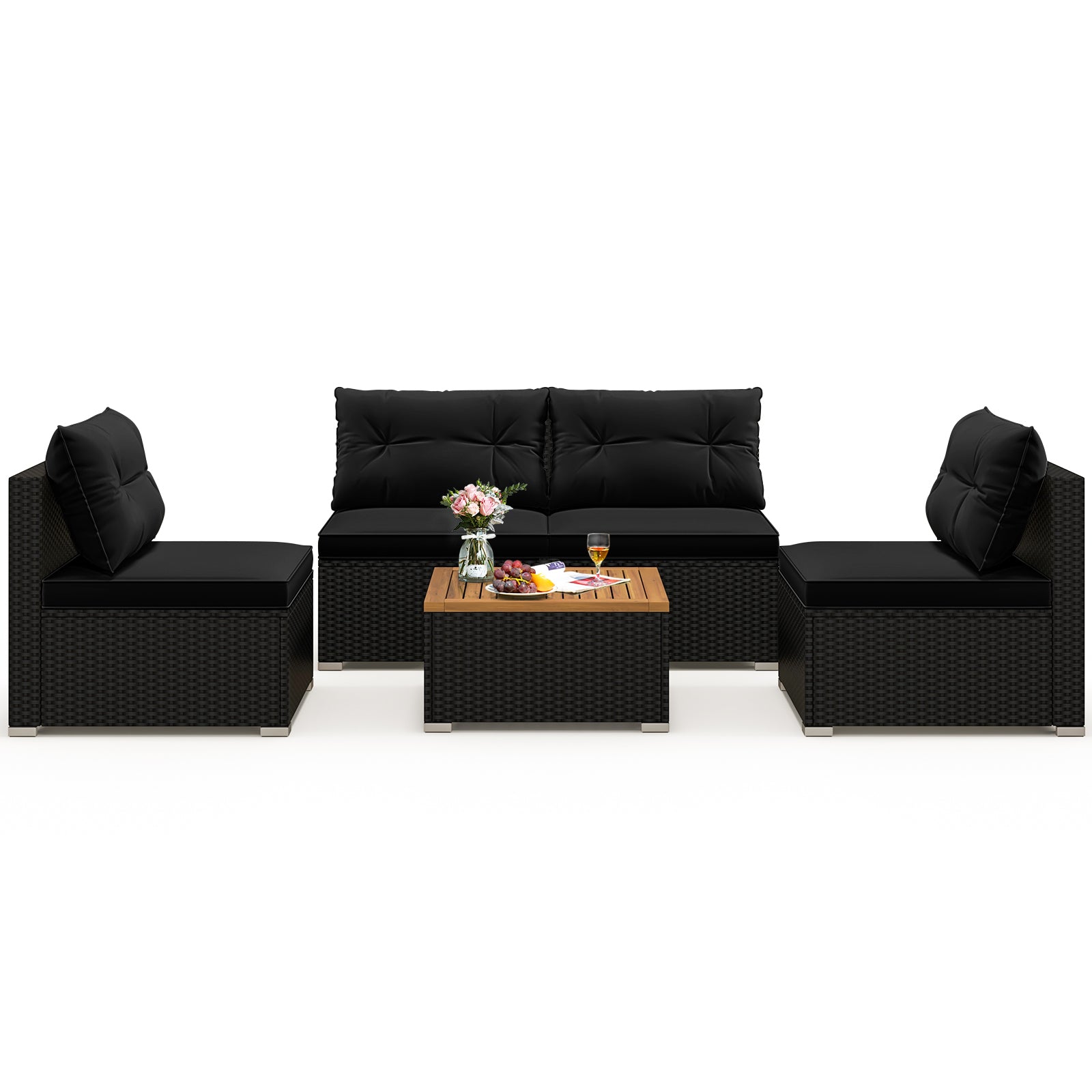 5 Piece Outdoor Furniture Set with Solid Tabletop and Soft Cushions-Off White - Black