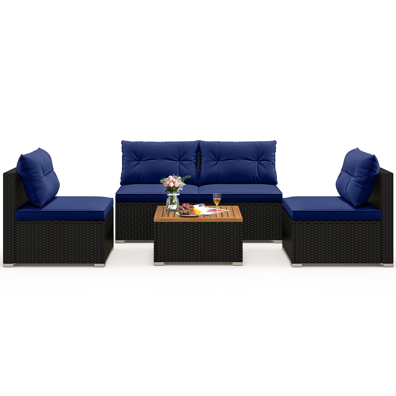 5 Piece Outdoor Furniture Set with Solid Tabletop and Soft Cushions-Off White - Navy