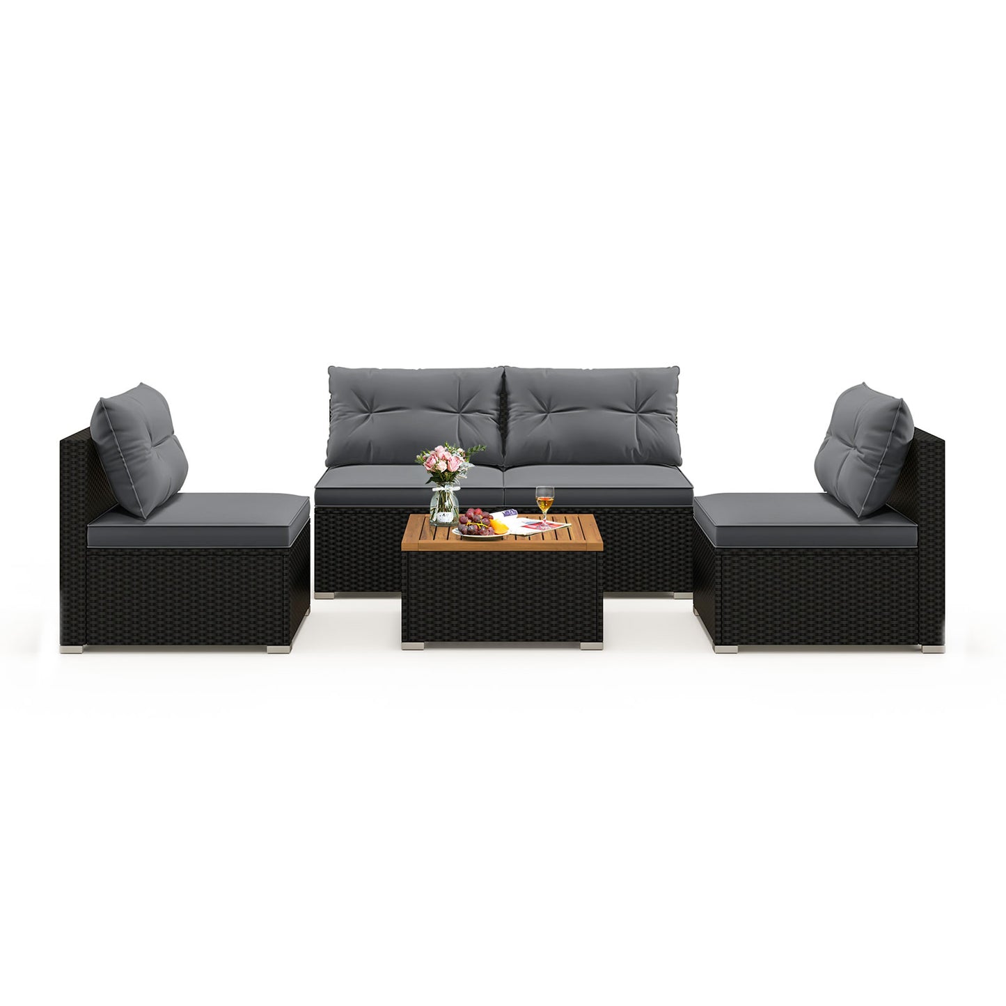 5 Piece Outdoor Furniture Set with Solid Tabletop and Soft Cushions-Off White - Gray
