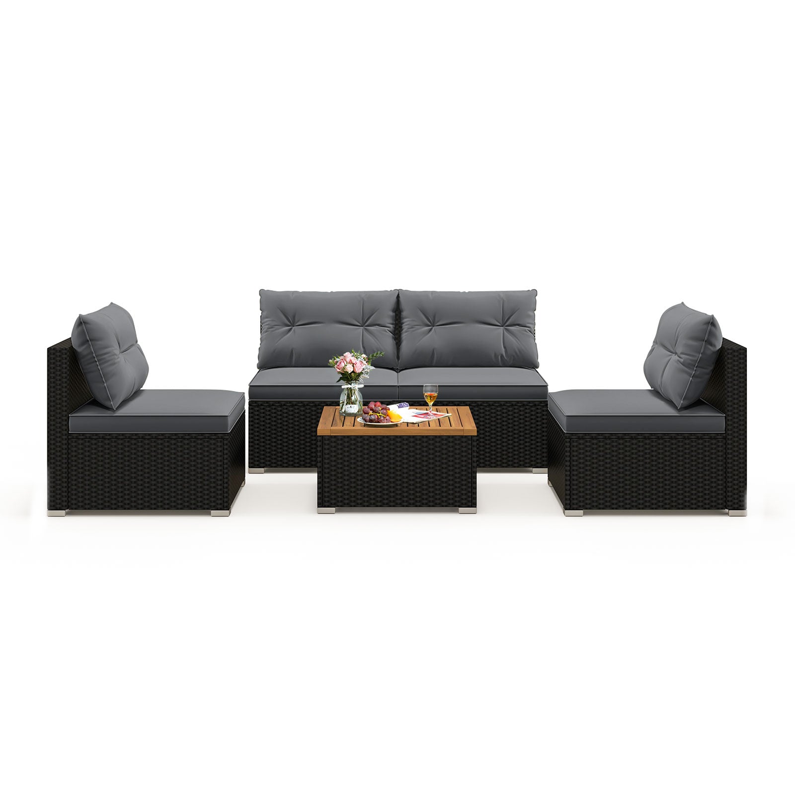 5 Piece Outdoor Furniture Set with Solid Tabletop and Soft Cushions-Off White - Gray