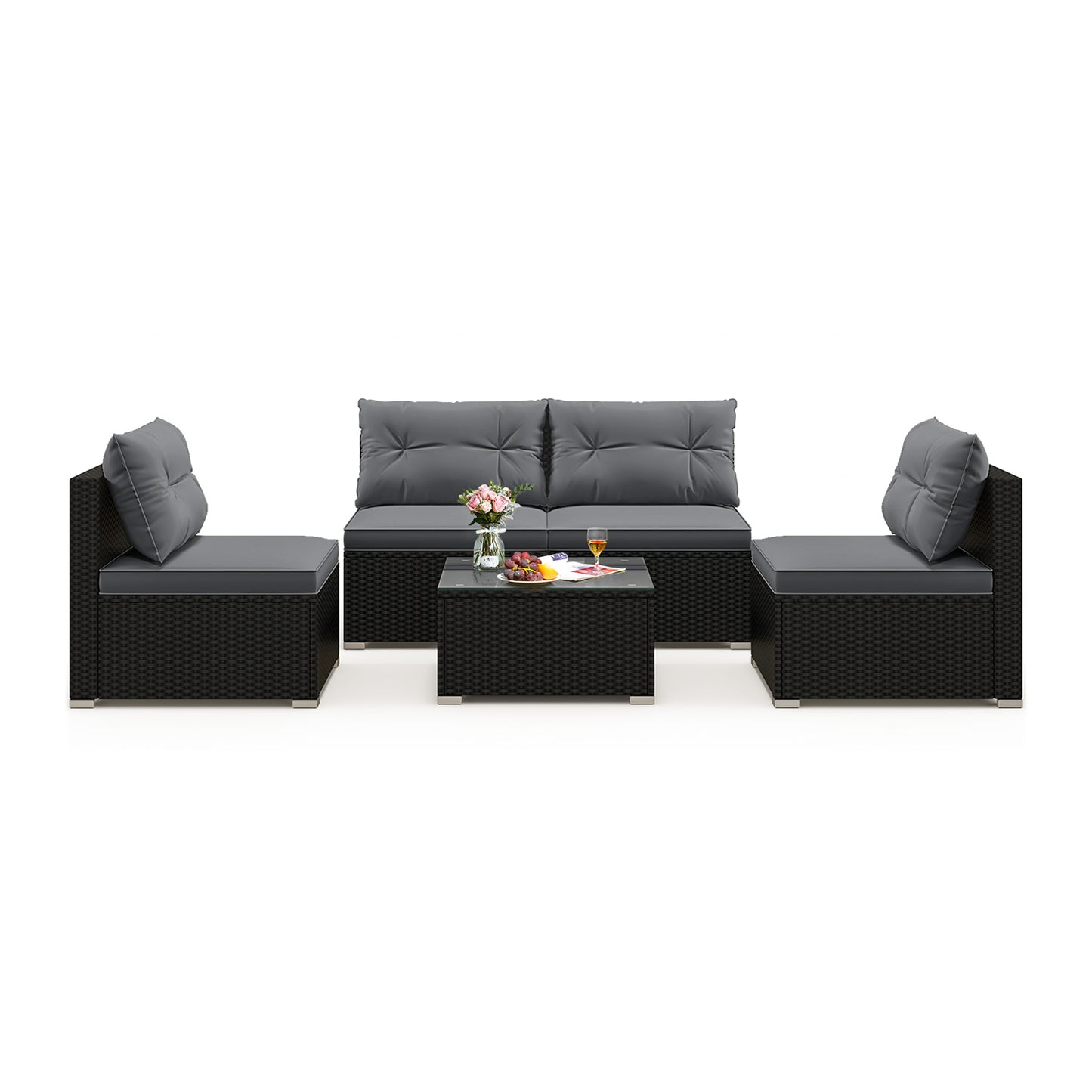 5-Piece Outdoor Patio Furniture Set with Cushions and Coffee Table-Black - Gray