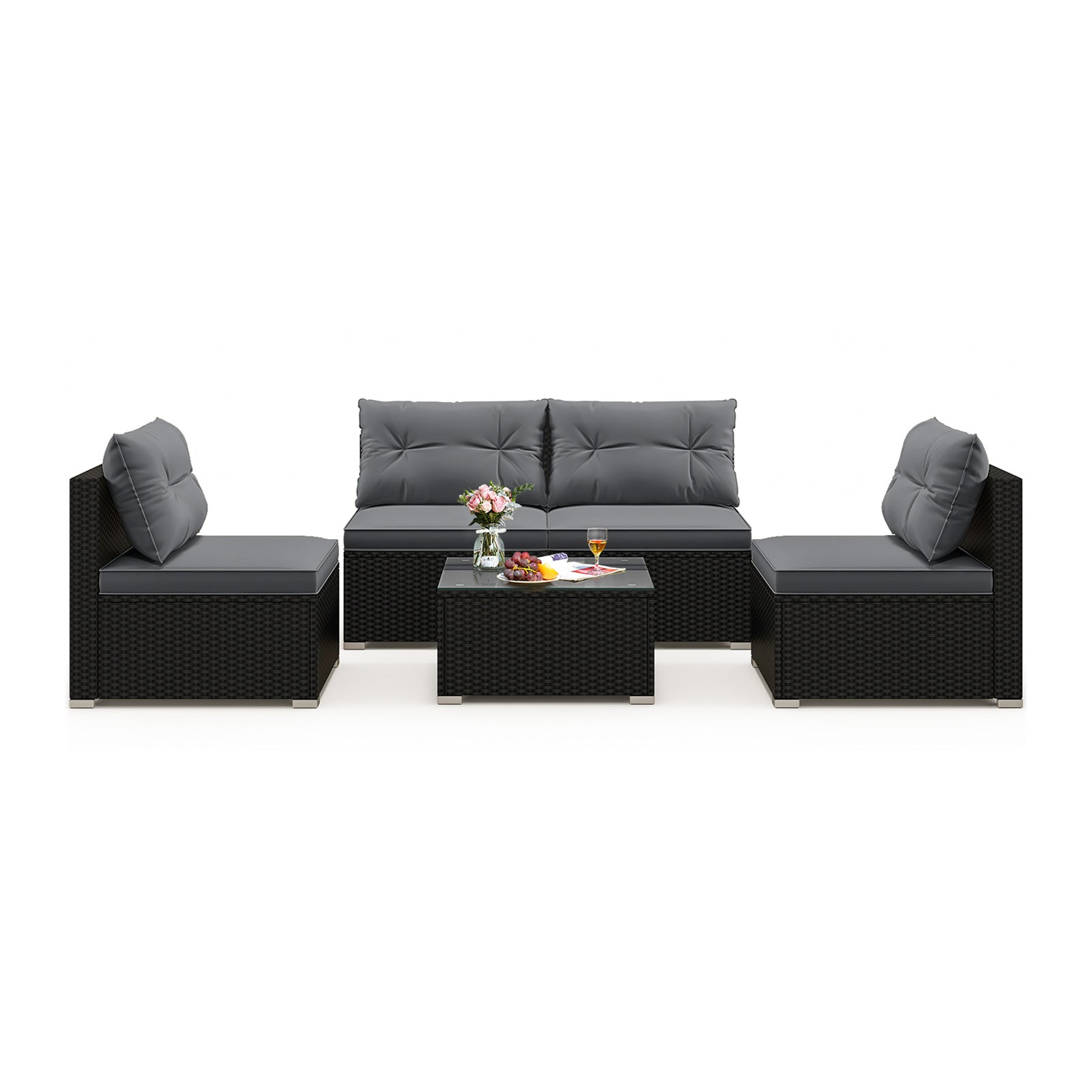 5-Piece Outdoor Patio Furniture Set with Cushions and Coffee Table-Black - Gray