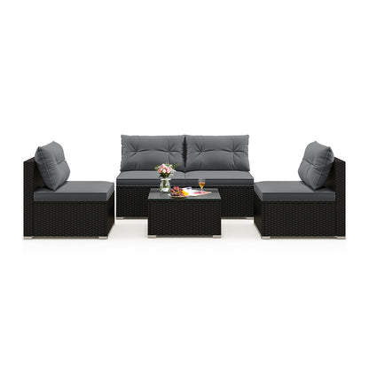 5-Piece Outdoor Patio Furniture Set with Cushions and Coffee Table-Black - Gray