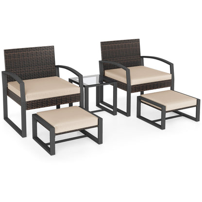 5-Piece Patio Conversation Set with 2 Ottomans and Tempered Glass Side Table