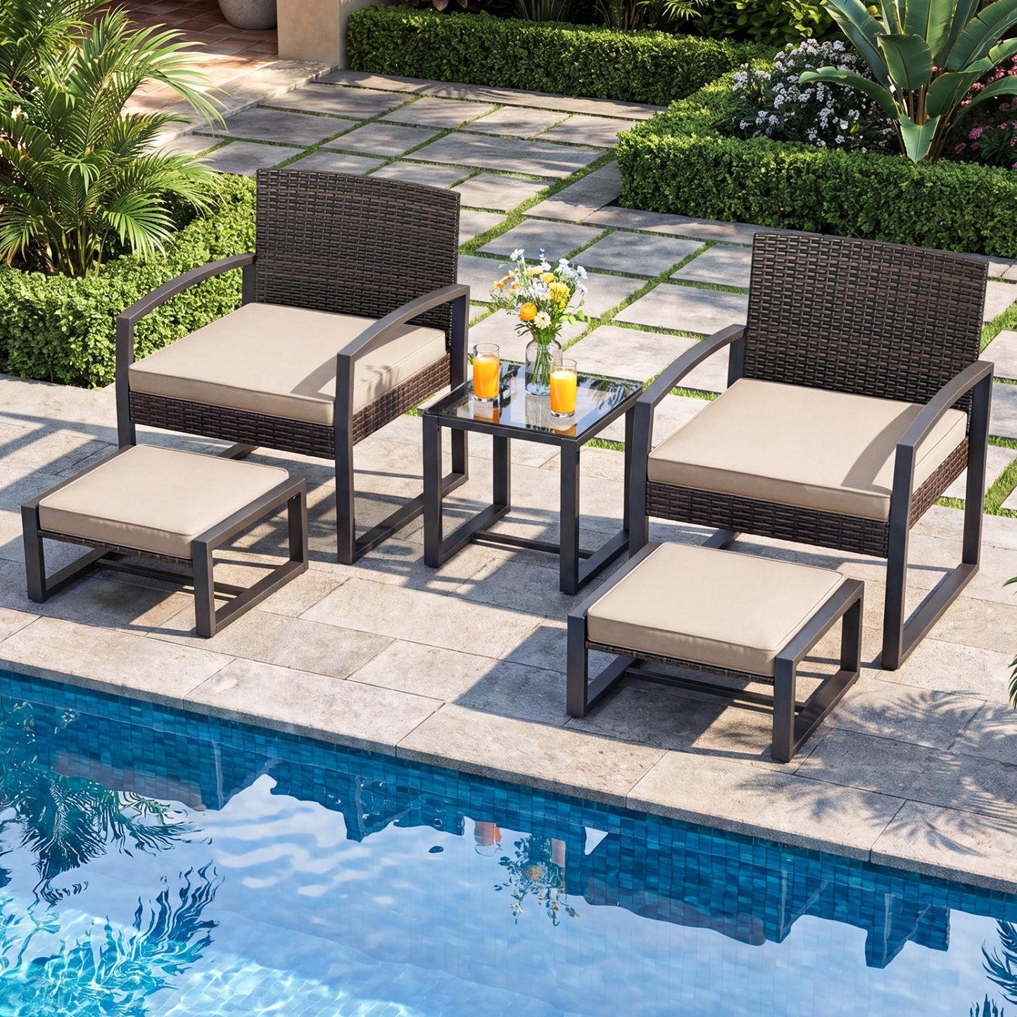 5-Piece Patio Conversation Set with 2 Ottomans and Tempered Glass Side Table
