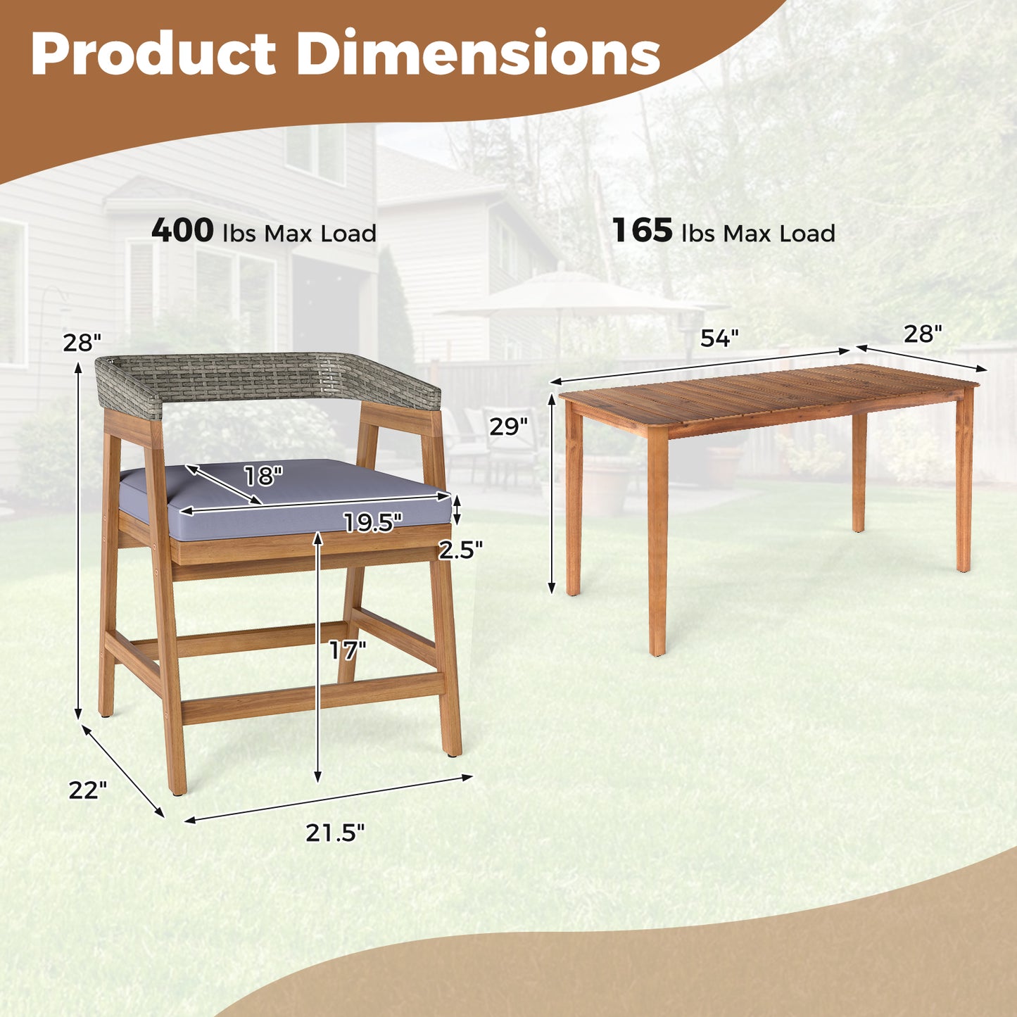 5 Piece Patio Dining Set Solid Wood with Rattan Backrest and Cushions