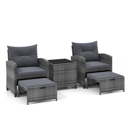 5 Piece Patio Rattan Furniture with 2 Ottomans and Tempered Glass Coffee Table