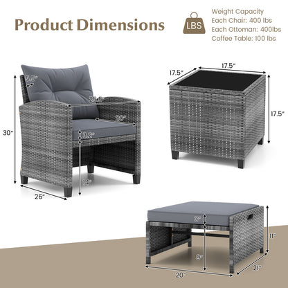 5 Piece Patio Rattan Furniture with 2 Ottomans and Tempered Glass Coffee Table