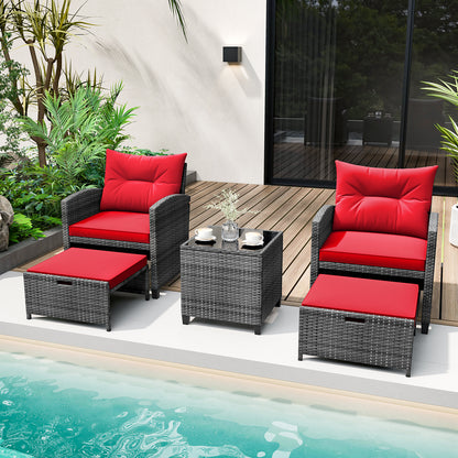 5 Piece Patio Rattan Furniture with 2 Ottomans and Tempered Glass Coffee Table