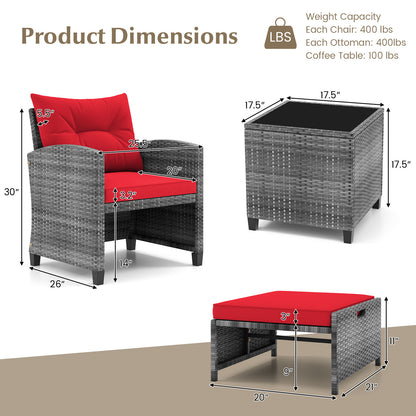 5 Piece Patio Rattan Furniture with 2 Ottomans and Tempered Glass Coffee Table