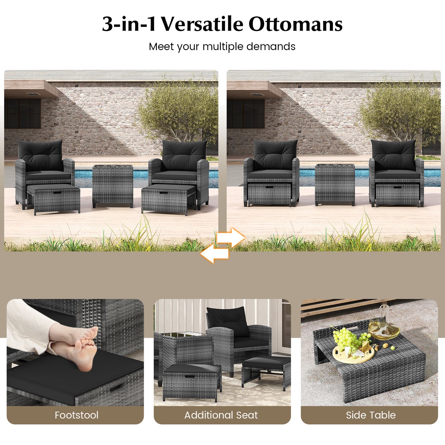 5 Piece Patio Rattan Furniture with 2 Ottomans and Tempered Glass Coffee Table