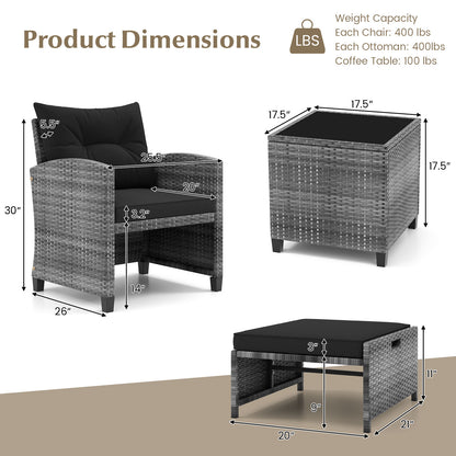 5 Piece Patio Rattan Furniture with 2 Ottomans and Tempered Glass Coffee Table