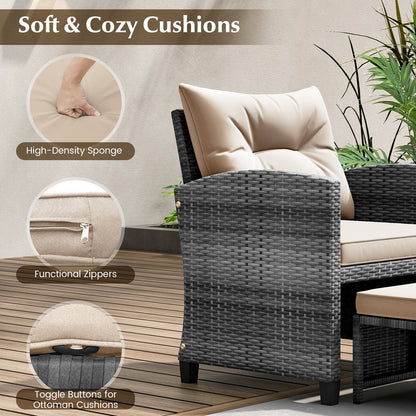 5 Piece Patio Rattan Furniture with 2 Ottomans and Tempered Glass Coffee Table