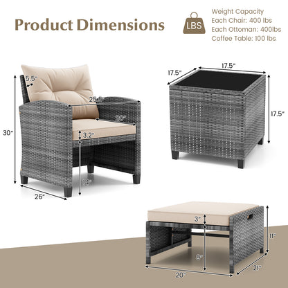 5 Piece Patio Rattan Furniture with 2 Ottomans and Tempered Glass Coffee Table