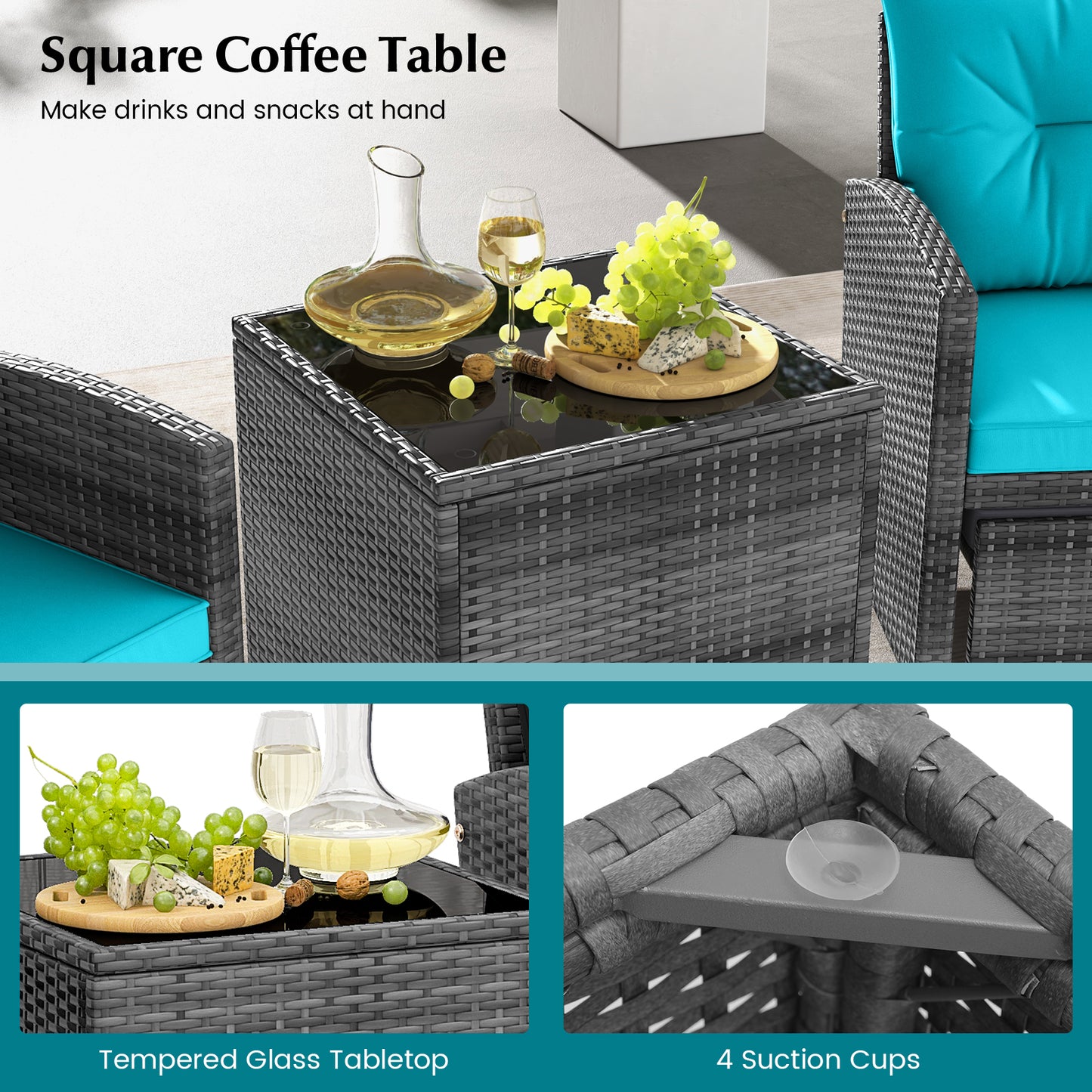 5 Piece Patio Rattan Furniture with 2 Ottomans and Tempered Glass Coffee Table